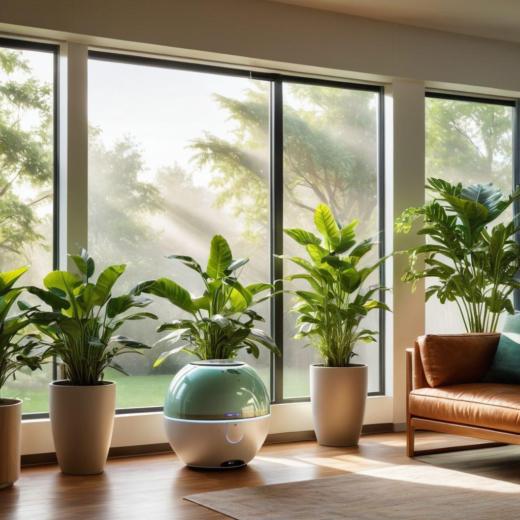 A serene indoor environment showcasing a modern living room with plants filtering the air. In the foreground, an elegantly designed water filtration system paired with a sleek air purifier. Soft sunlight filters through large windows, highlighting dust particles in the air, while refreshing greenery thrives nearby. The overall mood is clean and vibrant, promoting the concepts of air quality and hydration. super-realistic. vibrant colors. warm lighting.