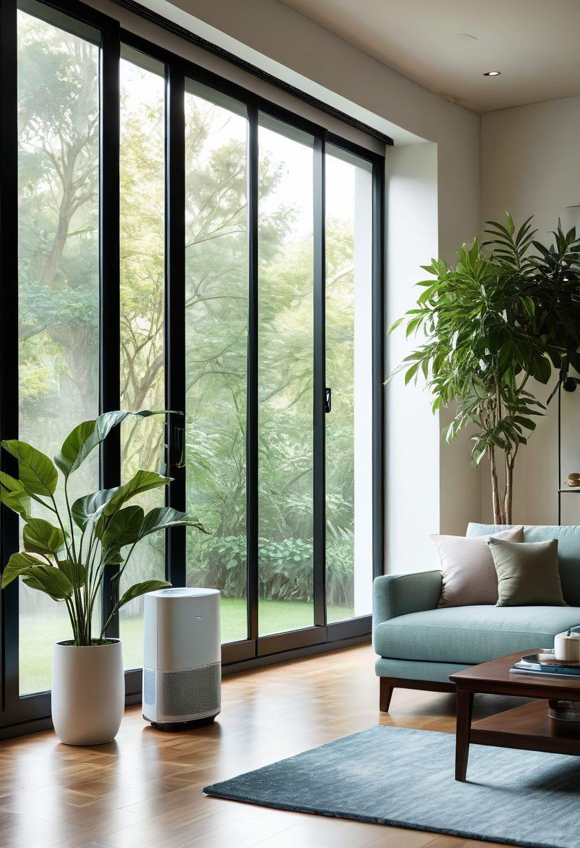 A serene home interior showcasing an elegant living space with a modern air purifier and a sleek water filter on display. Sunlight streams through large windows, casting a warm glow over lush greenery and a sparkling glass of water, symbolizing clean air and pure water. Add an inviting atmosphere with soft textures and calming colors, highlighting the importance of health and wellness in the home. super-realistic. vibrant colors. soft focus.