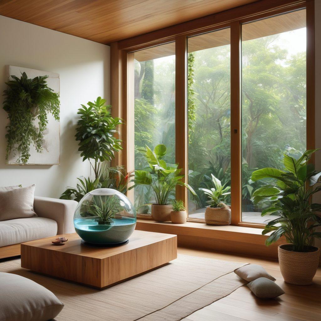 A serene indoor environment showcasing a modern living space with abundant greenery, featuring stylish eco-friendly air purifiers and a sleek water filtration system. Sunlight filters through large windows, illuminating the natural wood and stone elements in the design. Emphasize a harmonious blend of nature and technology, providing a sense of tranquility. super-realistic. vibrant colors. natural light.